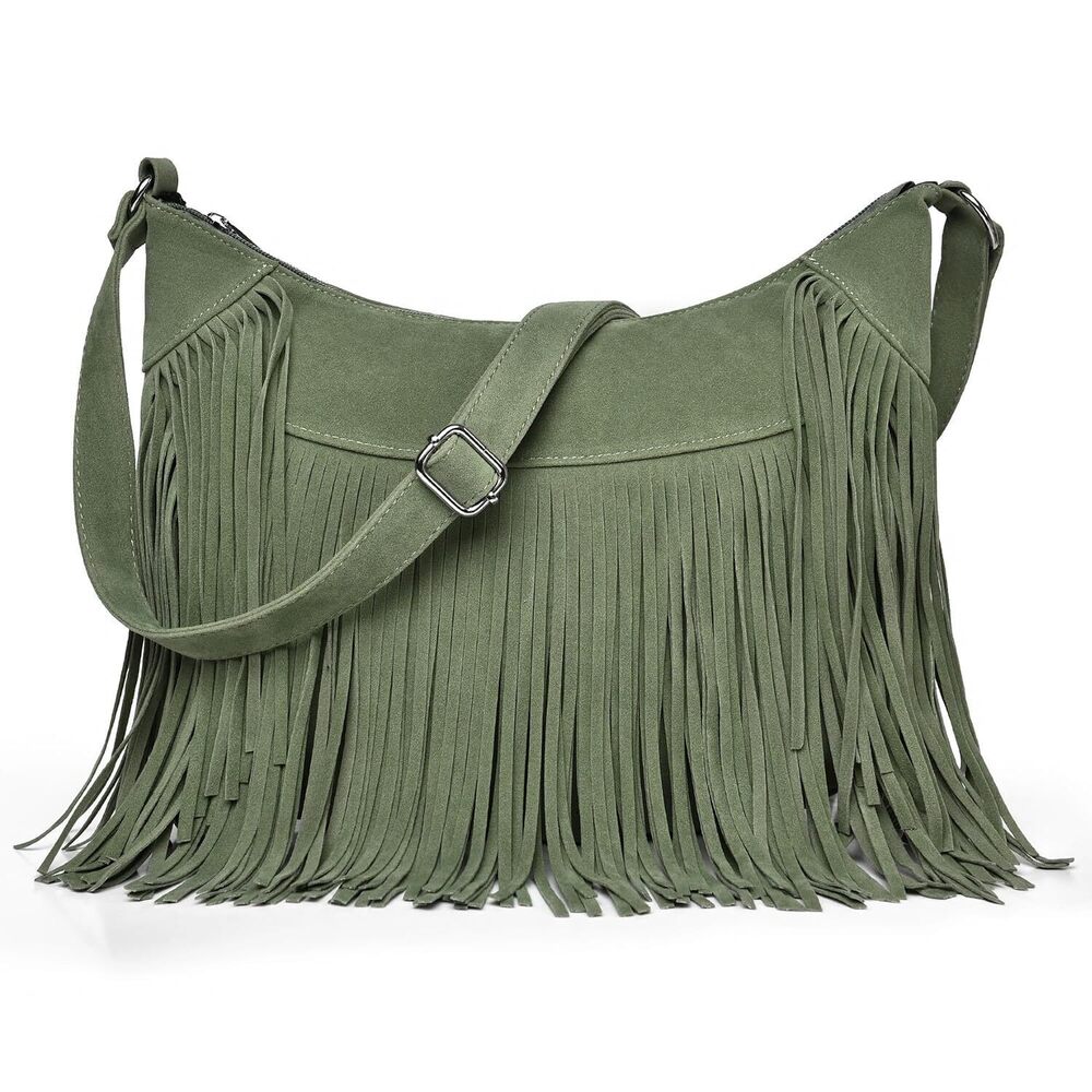 Vintage Crossbody Bag Women Green Suede Fringe Hobo